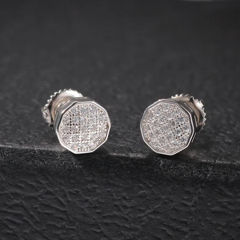 1Pair S925 Sterling Silver Hip Hop CZ Stone Paved Bling Ice Out Geometric 10 Sided Stud Earrings for Women Men Unisex Jewelry