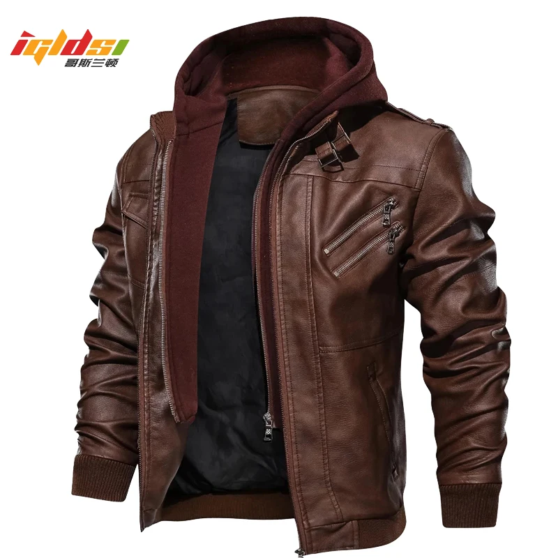 Men\'s Autumn Winter Motorcycle Leather Jacket Windbreaker Hooded  Jackets Male Outwear Warm Baseball Jackets Plus Size 3XL