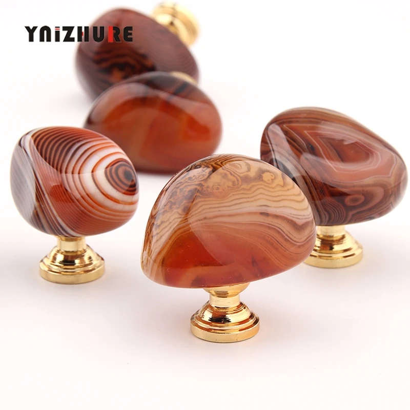 Luxury Natural Silk Red Agate Carnelian Handle Metal Base Drawer Cabinet Wooden Box Knobs Carnelian Kitchen Cabinet Pull Big