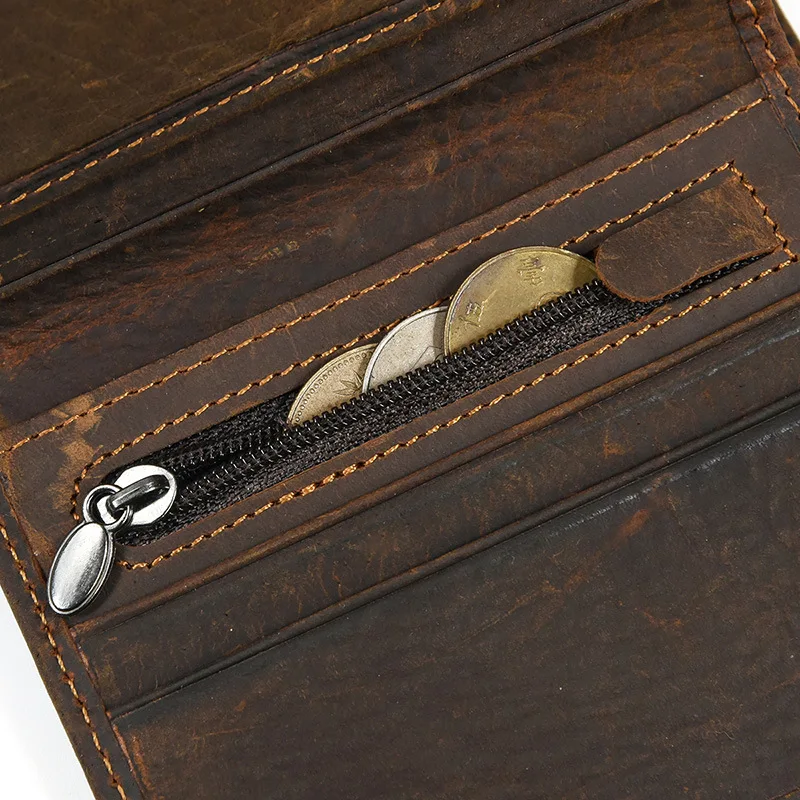 Dobry skórzany krótki portfel męski męski mały Crazy Horse skórzana torebka w stylu vintage wąskie portfele hurtownia portfeli Bifold Drop shipping — zdjęcie 6