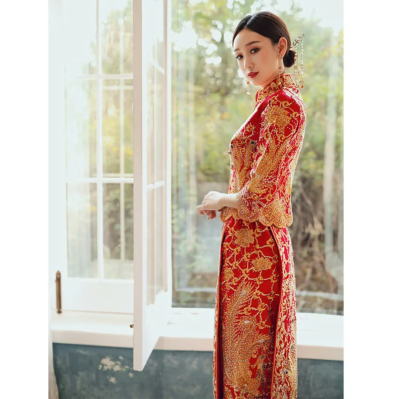 

Elegant Chinese Style Qipao Bride Exquisite Dragon Phoenix Embroidery Party Wedding Dress Hanfu Clothing Size S-2XL