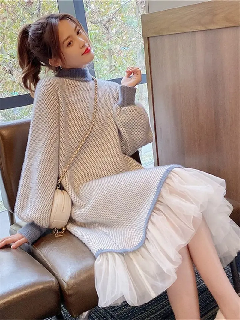 Vintage Plaid Knitted Sweater Dress For Fall And Winter Long Korean Women Gauze Stitching Hem Mink Velvet Warm Pullover M1157