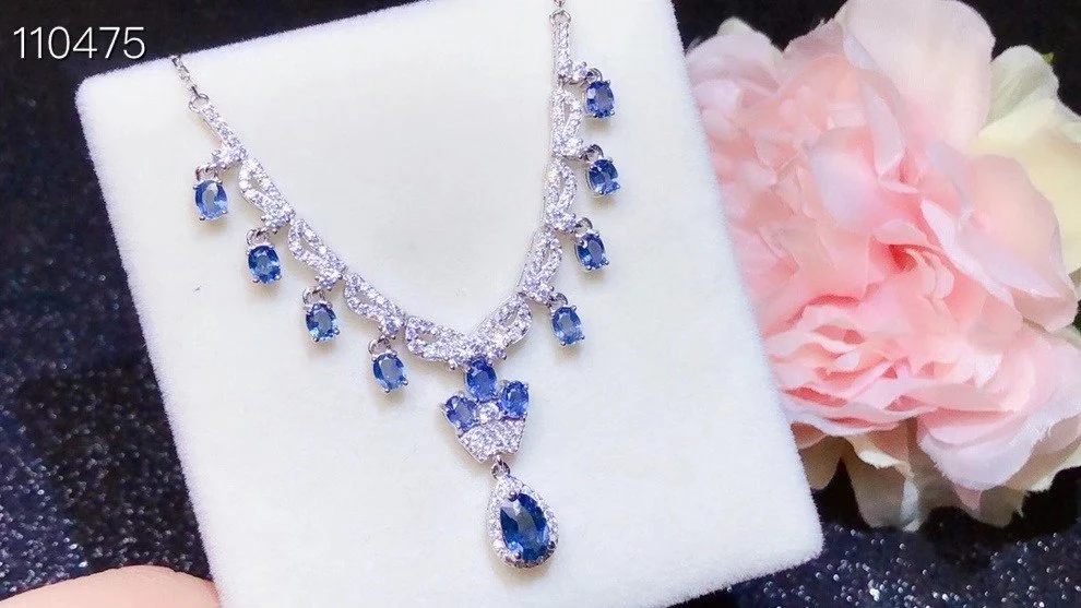 Natural sapphire necklace, new style, from China mining area, 925 silver, Hong Kong design