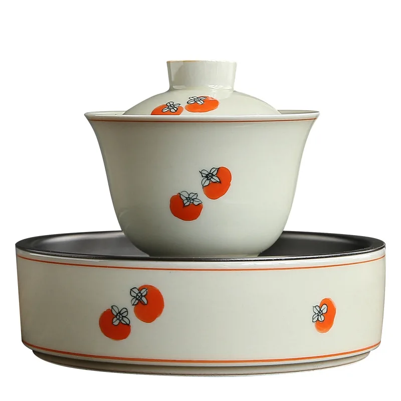 Hand Painted Persimmon Tea Cup Kung Fu Tea Set Ceramic Fragrance-Smelling Cup Antique Grass and Wood Gray Single Cup