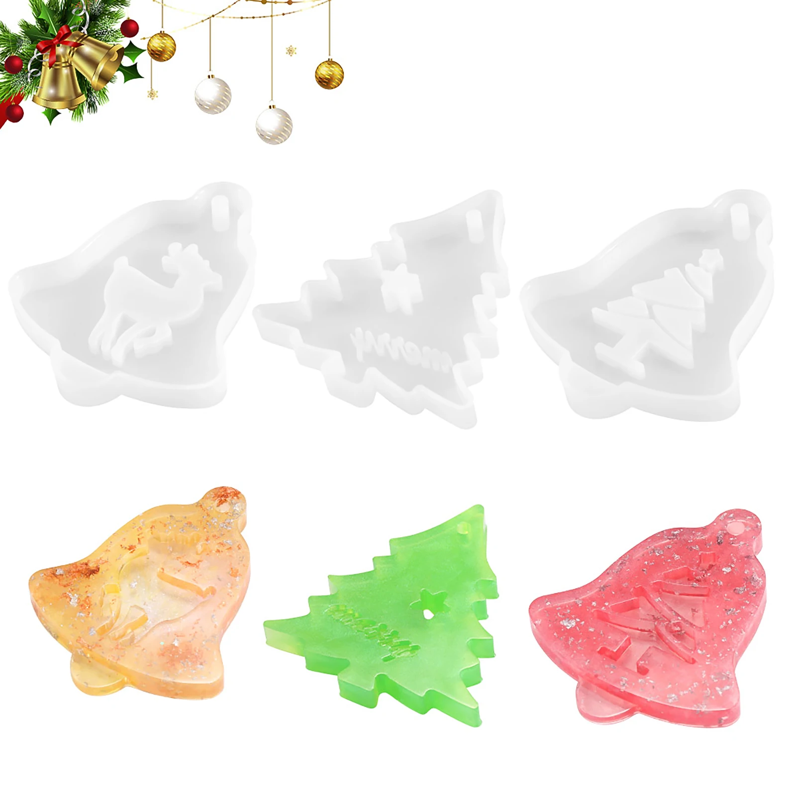 クリスマス用シリコンモールドベル,3個,クリスマス用ペンダント,DIY,樹脂型,ジュエリー,クリスマスギフト用