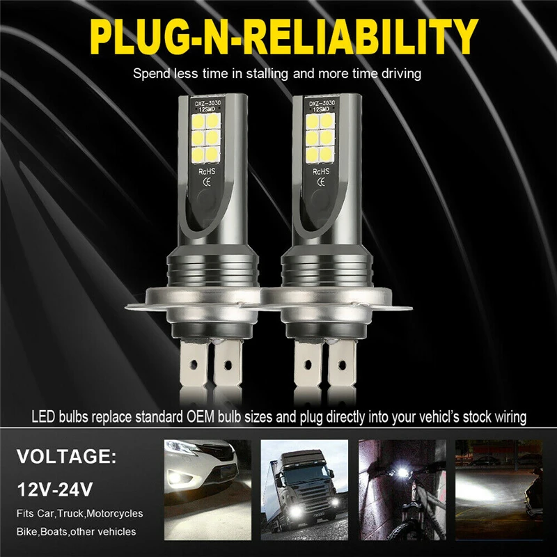 2Pcs H7 Motorcycle LED Headlights Bulbs High Low Beam 24W 1000LM 6000K White Motobike Scooter Lamps Car Accessories