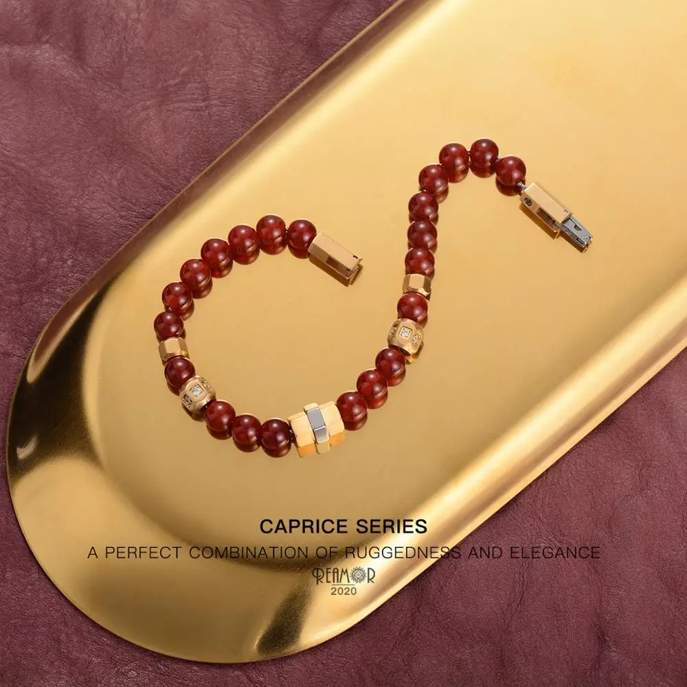 REAMOR White Zircon Golden CNC Beads Stainless steel Chain Bracelet Detachable Striped Carnelian Stone DIY Bracelet Men Women
