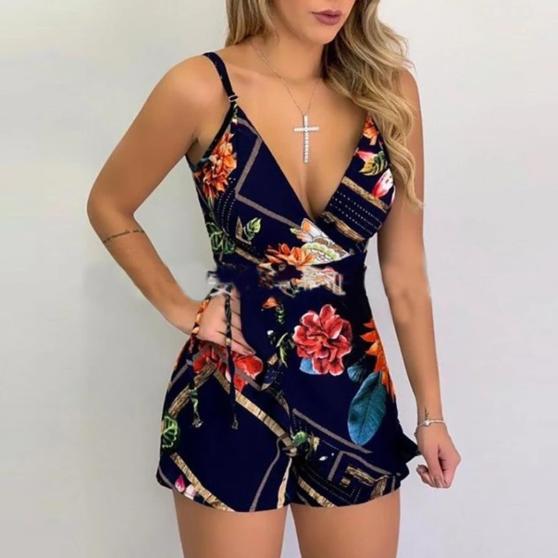 Mono Sexy con cuello en V y tirantes finos para mujer, pelele corto con estampado Floral para mujer, traje de playa sin mangas con volantes, moda
