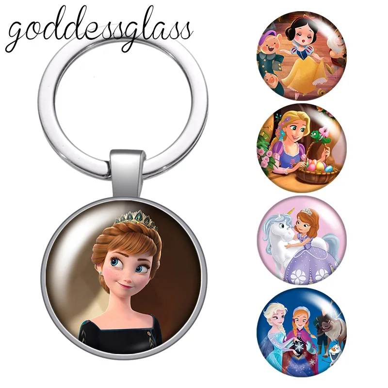 Disney Princesses Anna Snow white Sofia Elsa glass cabochon keychain Bag Car key chain Ring Holder Charms keychains gift