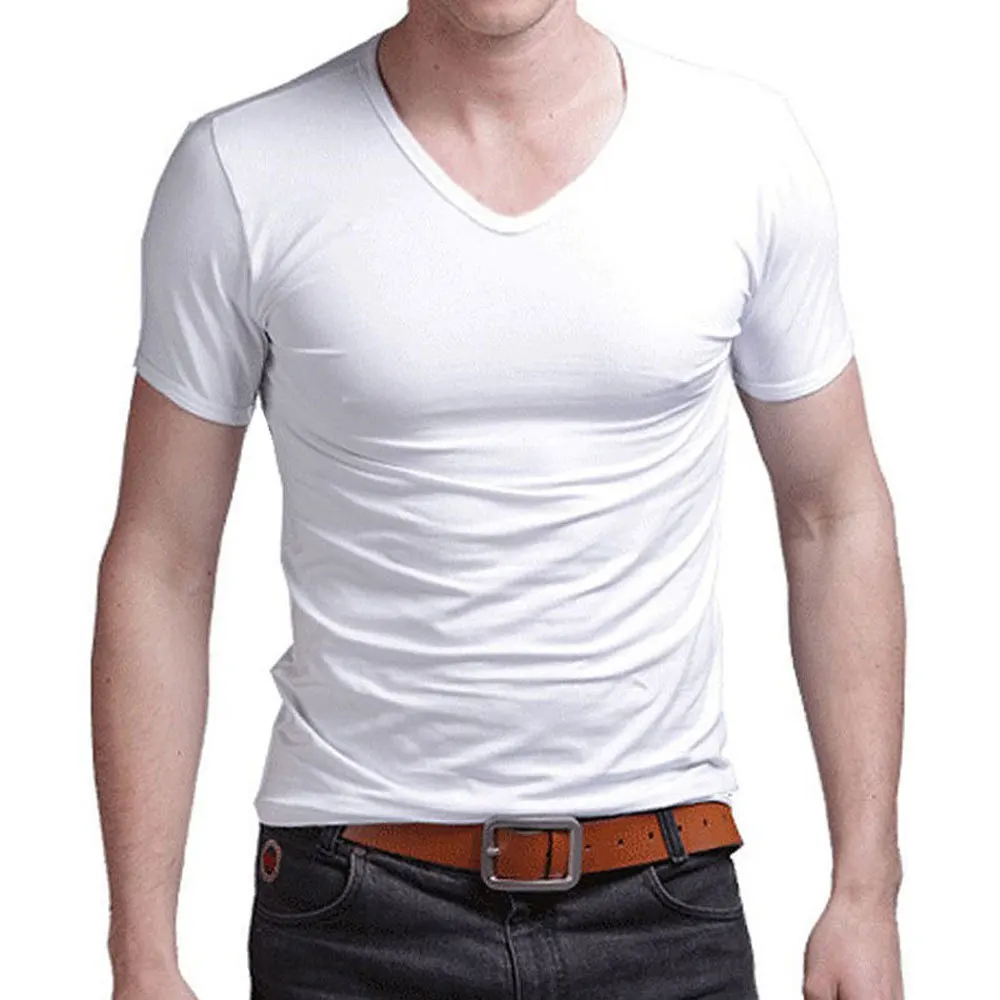 Camiseta de Lycra elástica con cuello en V para hombre, camisa de manga corta de Color sólido, ajustada, 2024