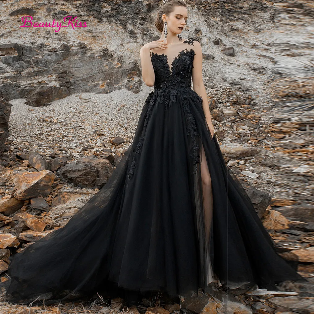 Vestidos de novia Vintage de tul negro, línea A, Espalda descubierta, abertura lateral larga, apliques de encaje, vestido de novia de flores hecho a mano