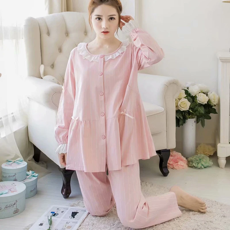 Sweet Maternity Nursing Nightwear Pink Cotton Breastfeeding Sleepwear For Pregnant Women Autumn Pregnancy Pajamas Night Wear Set