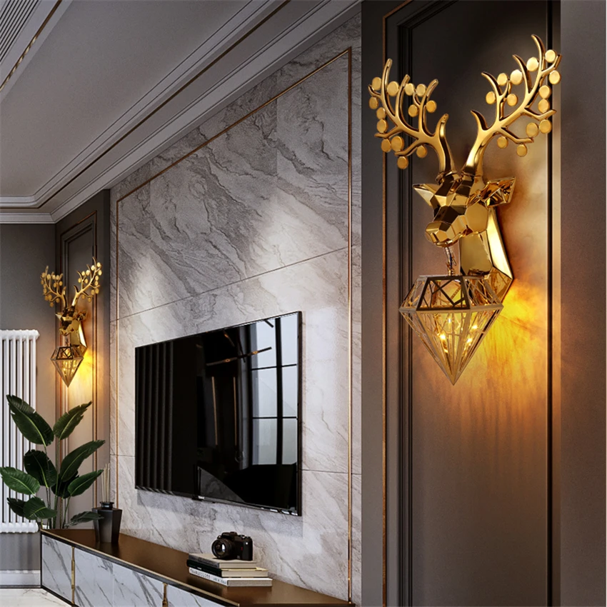 American bright golden deer head wall lamps bedroom bedside living room corridor geometric animal sconces lights decor fixtures