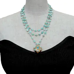 KKGEM 27x28mm Heart-Shaped Larimar Pendant statement necklace for women 18'' 3 Strds Natural Blue Larimar Rosary Chain Necklace