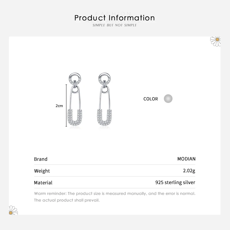 Modian 925 Sterling Silver Earring For Women Girls Dazzling Swing Pin Clear CZ Stud Earrings Trendy Brooch Wedding Fine Jewelry