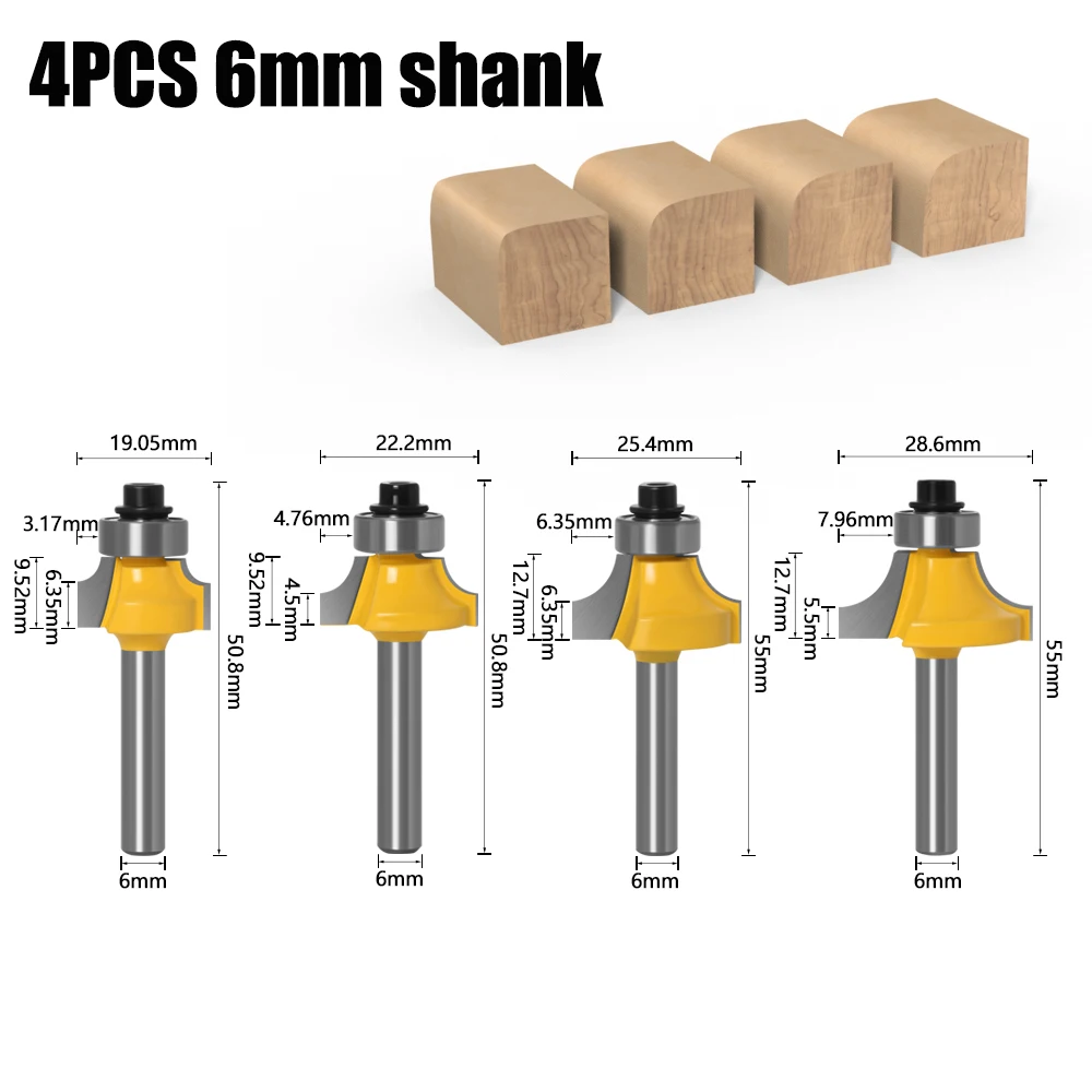 4PCS 6mm shank R3.17 R4.76 R6.35 R7.96Corner Round Over Router Bit with BearingMilling Cutter for Wood Woodwork Tungsten Carbide