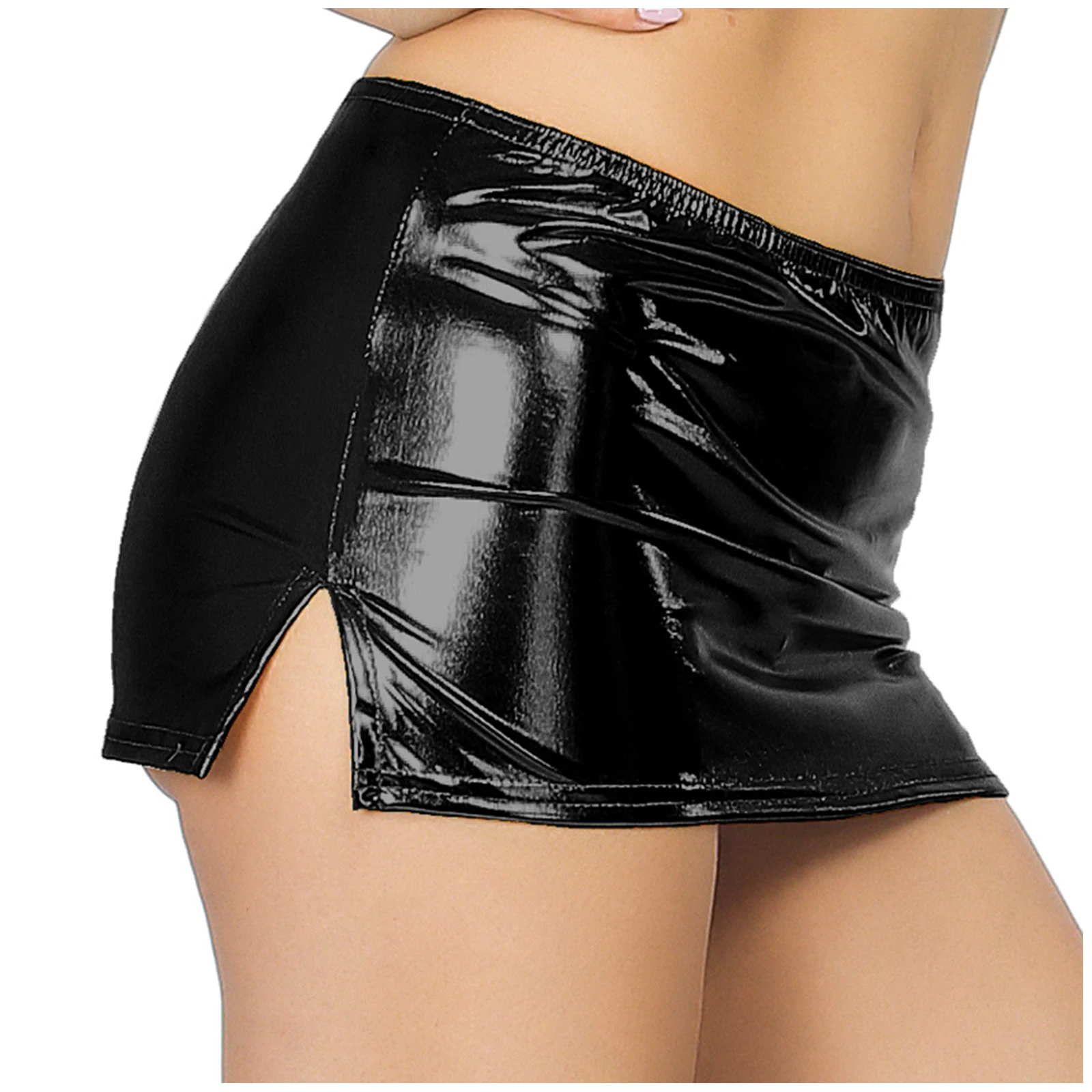 Vrouwen Mode Micro Rok Shiny Metallic Faux Leather Split Rok Night Club Pole Dancing Lage Taille Elastische Tailleband Minirokken