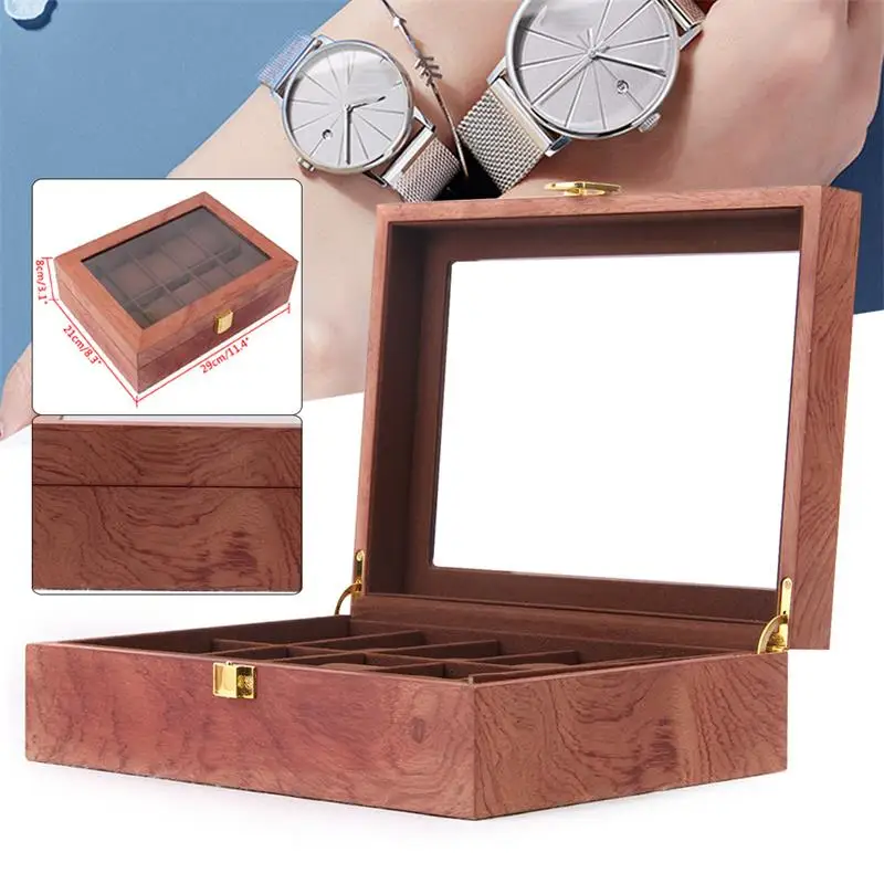 Grid Slot Watch Box, Display Case Wooden Glass Watch Display Storage Box Bracelet Jewelry Storage Organiser with Glass Top Jewel