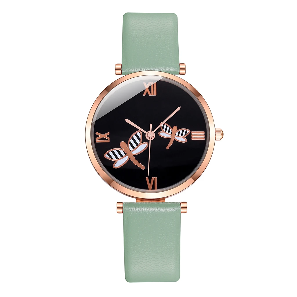 

Fashion Dragonfly Watches Women Casual Ladies Watches Green Leather Band Quartz Watch No Brand Female Wristwatch Cheap Price