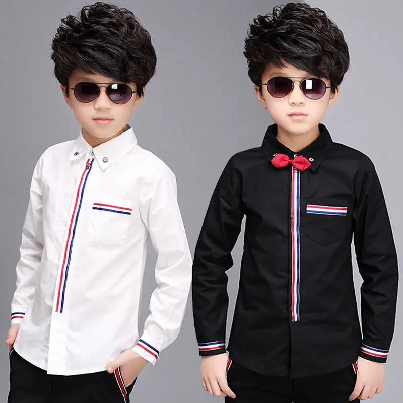 Teenage Boys Shirts Spring Cotton Long Sleeve Solid Shirt Kids White&Black Tops Teen School Bow Clothes 6 10 13 16 boy clothes
