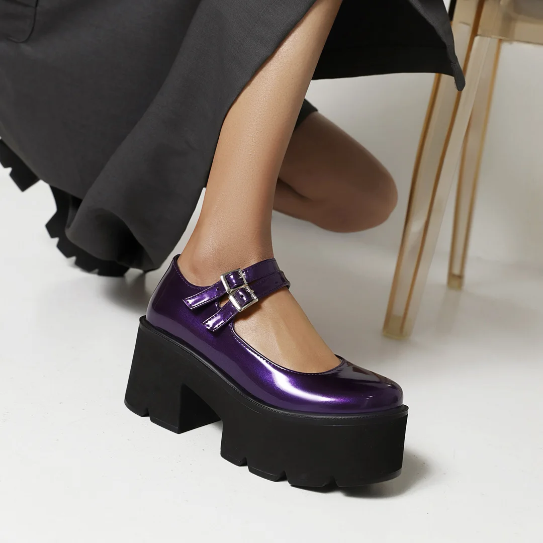 Super High Waterproof Platform Purple Patent Leather Platform Shoes Thick-Soled Bright Leather Yellow Hollow Heel Women\'s Shoes