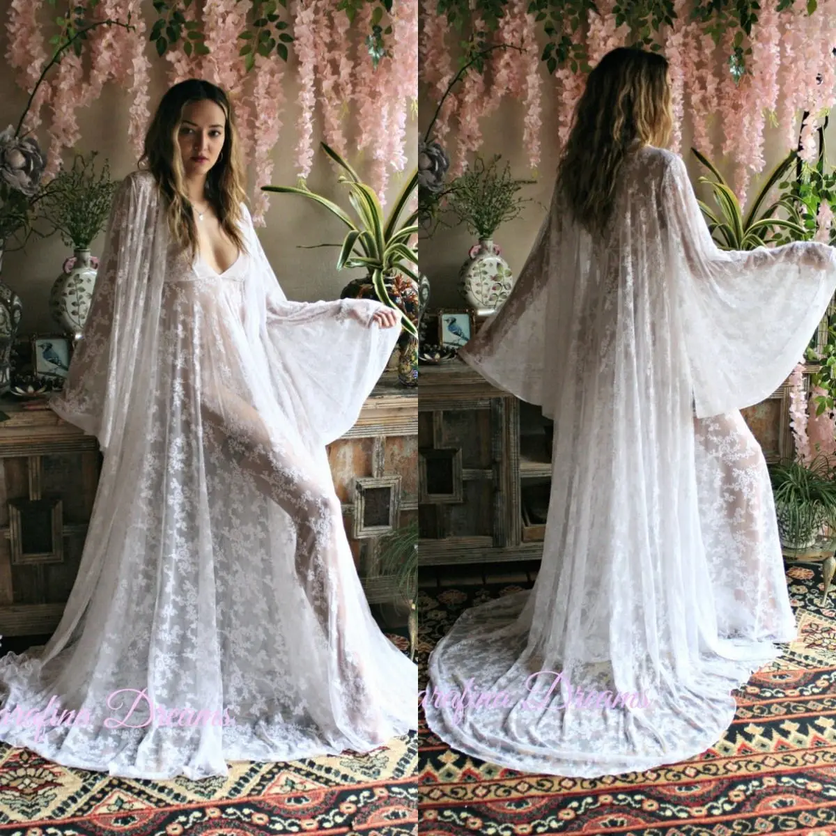 Dua Buah Lingerie Jubah Pengantin Renda Bordir Putih Lingerie Pernikahan Leher V Pakaian Tidur Pengantin Kimono Pesta Prom Putih