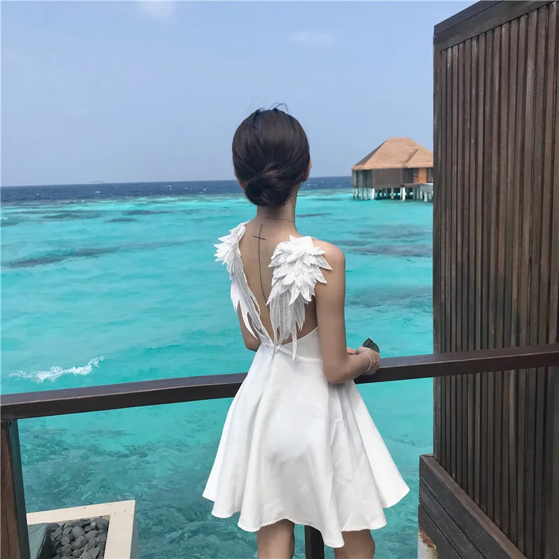 Sexy Backless Women Beach Dress Spaghetti Strap V-neck Satin Slim One Piece Dress Feminine Casual Angel Wings Jumper Dress