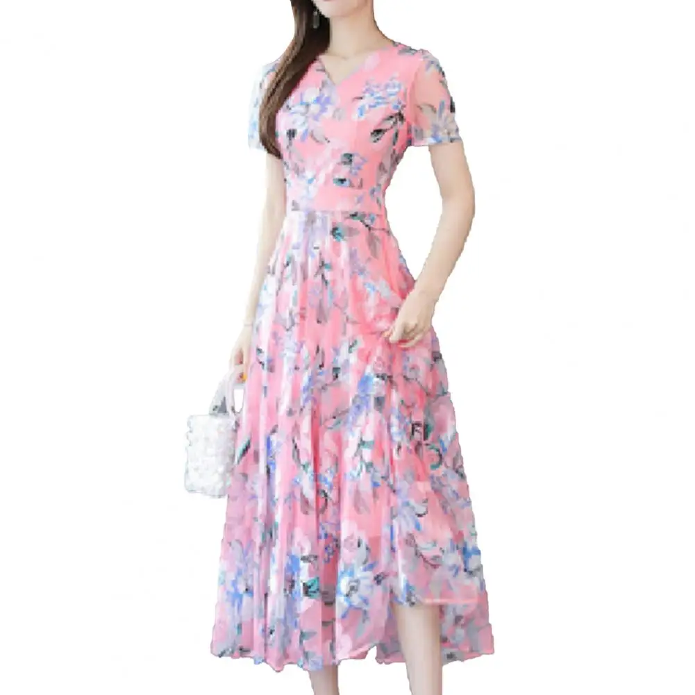 Todos os jogos elegante manga curta impressão floral midi vestido moda midi vestido de manga curta para viagens