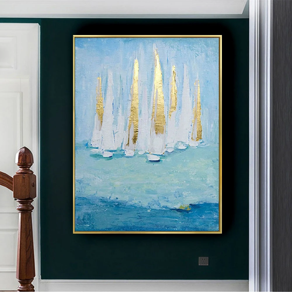 Hand-Painted Modern Large Abstract Blue Sailboat On The Sea Home Decor Hang Picture Landscape Wall Art Oil Painting On Canvas