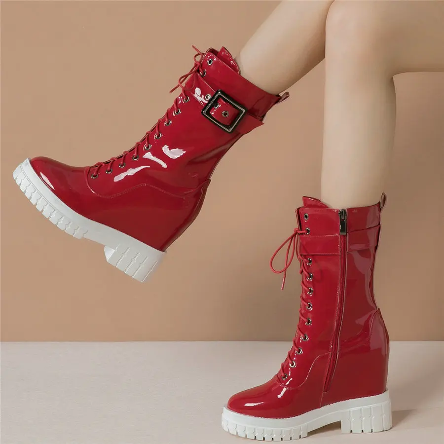 

Lace Up Platform Pumps Shoes Women Genuine Leather High Heel Ankle Boots Female High Top Round Toe Fashion Sneakers Casual Shoes