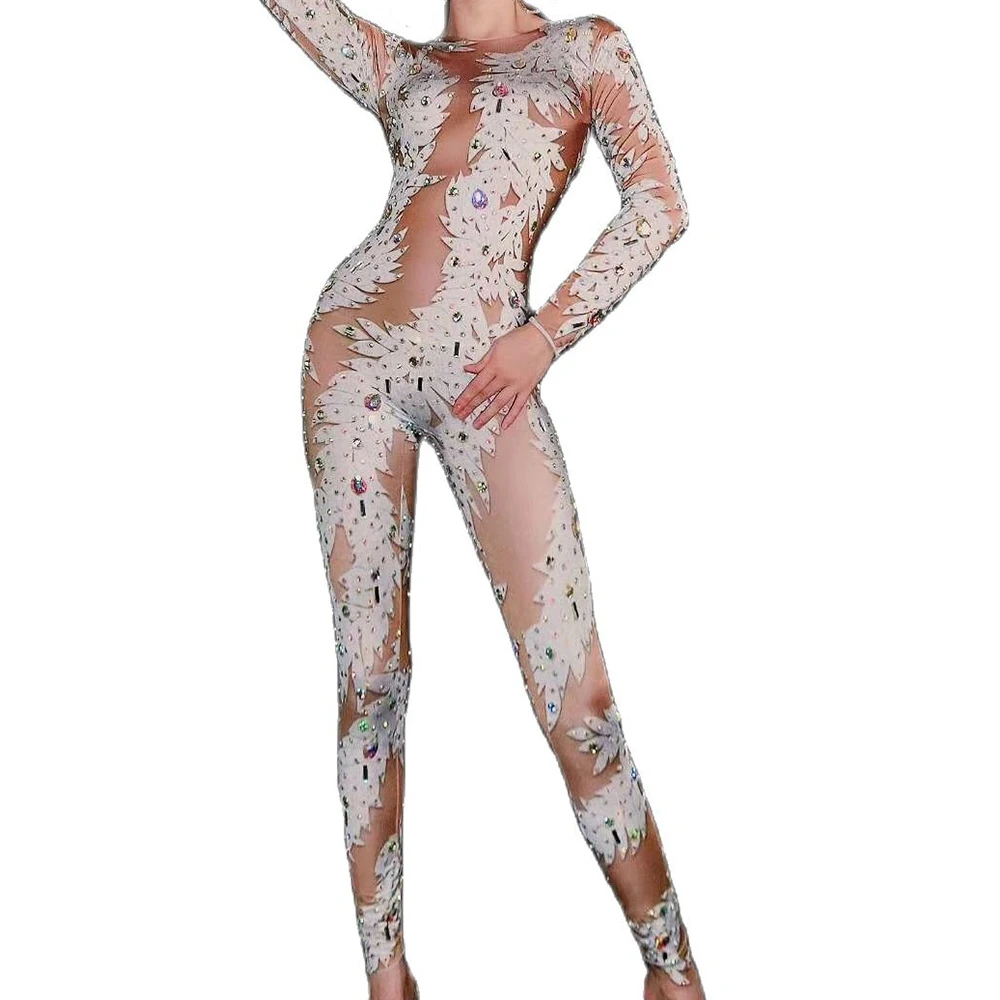 

Party Evening Costume White Leaf Pattern Printing Jumpsuits Stretch Outfit Rhinestones Sparkling Bar Show Nightclub Costumes