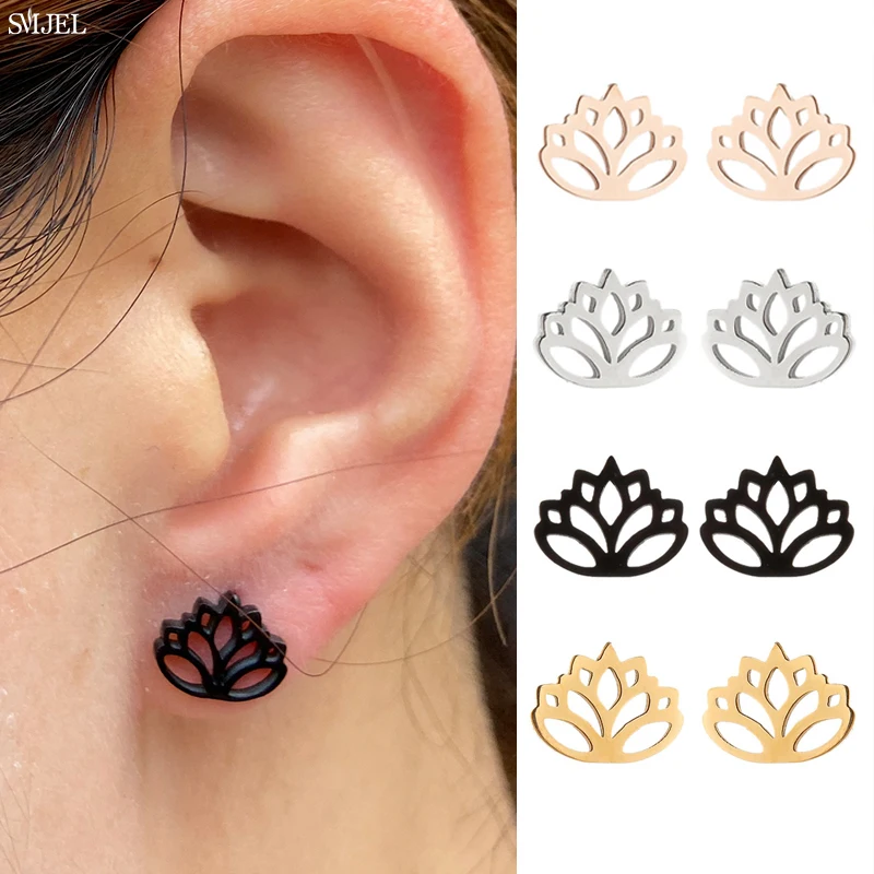 Tiny Black Lotus Flower Earrings For Women Girls Bohemian Stainless Steel Plant Cactus Lily Tree Stud Earring Jewelry pendientes