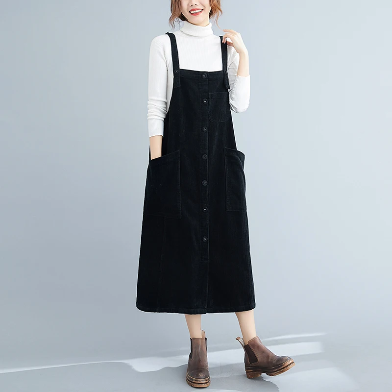 Autumn Winter Corduroy Overalls Dresses Artsy Elegant Office Ladies Mid-Length Pocket Simple Solid Color Pleated Suspender Dress