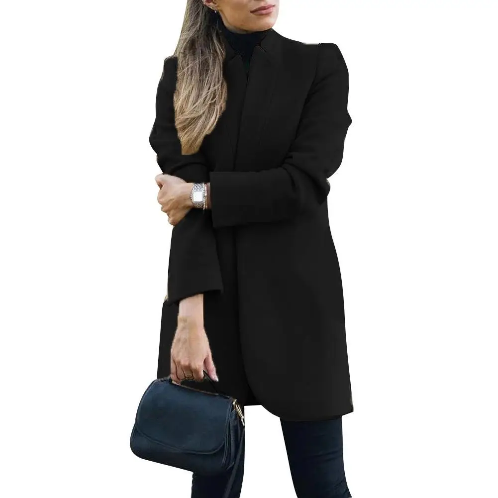 

Fashion Women Winter Solid Long Sleeve Jacket Stand-up Collar Faux Wool Coat