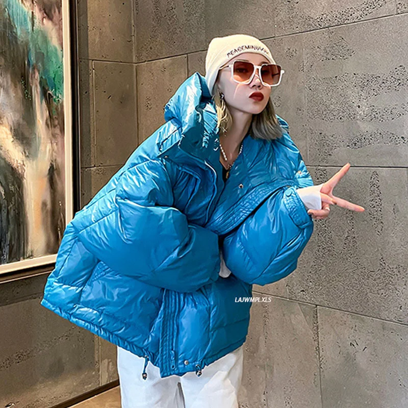 2021 Fashion Winter Jacket Women Candy Color Casual All-Match Multi-Pocket Bread Coat for Women Shiny Big Hooded Parkas