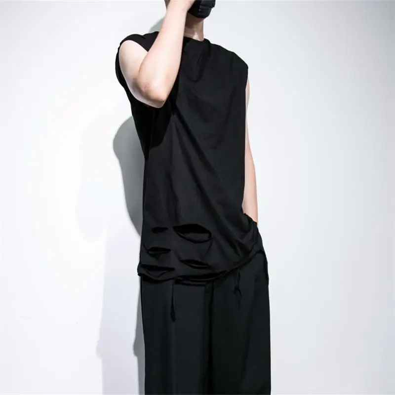 Men's high street hair stylist style male summer hip-hop personality loose solid color holes large size sleeveless vest