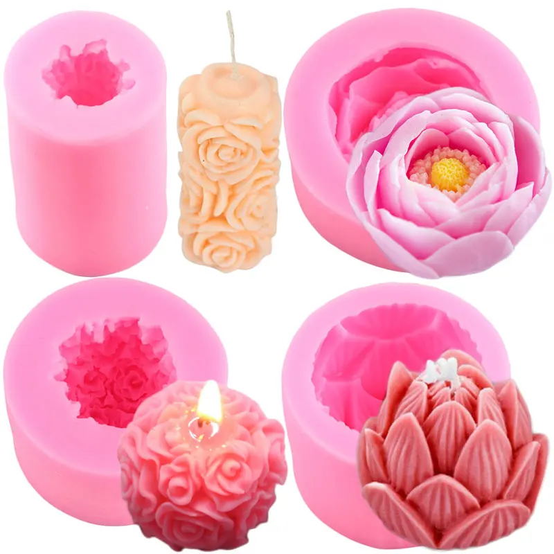 Rose Candle Molds Cylinder Sphere Silicone Mold Peony Lotus Tulip Poppy Soap Resin Mould Chocolate Fondant Cake Decorating Tools