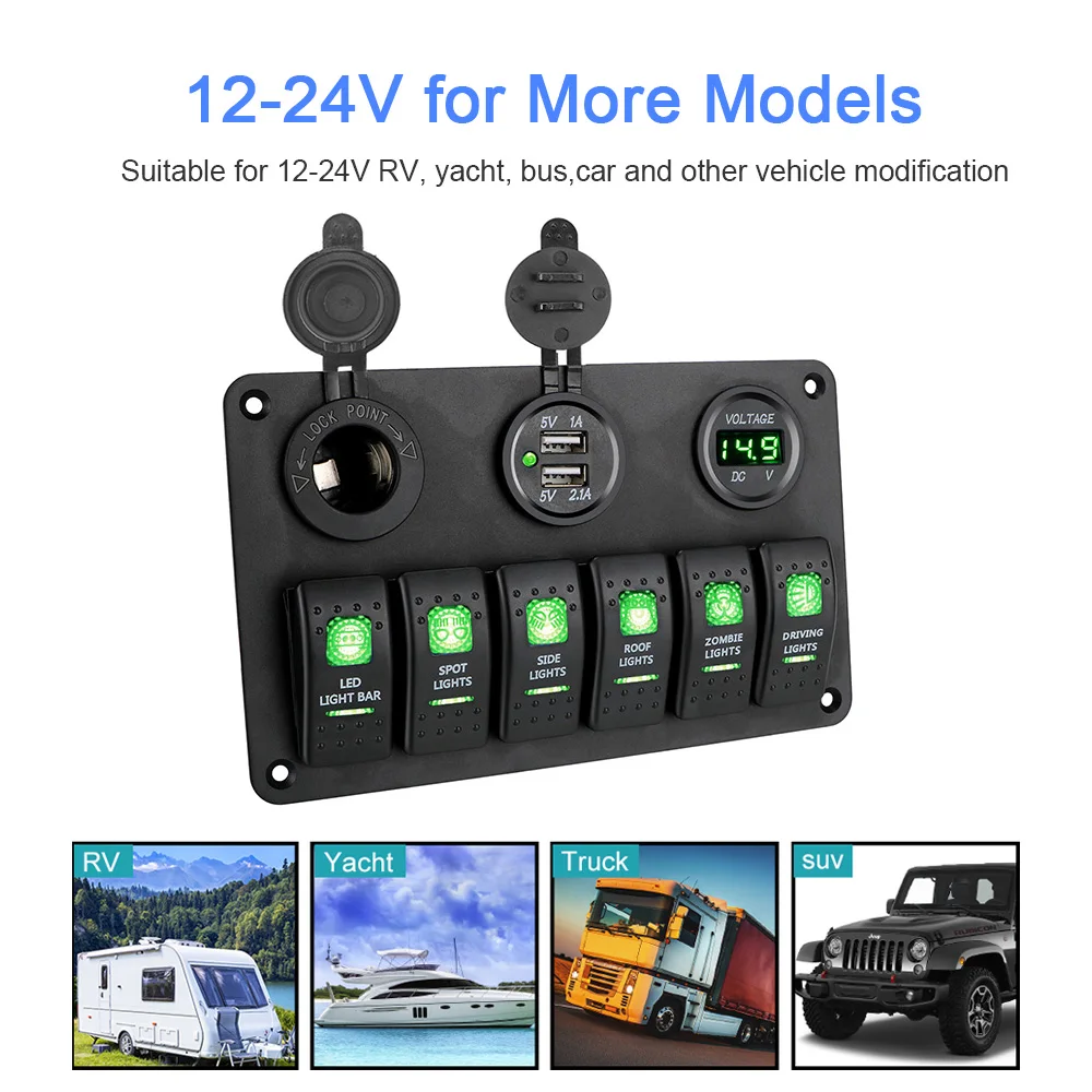 6 Buttons Switch Panel for Car Marine Boat Light Toggle LED Digital Voltmeter Test USB Chargers 12V 24V Power Adapter Waterproof