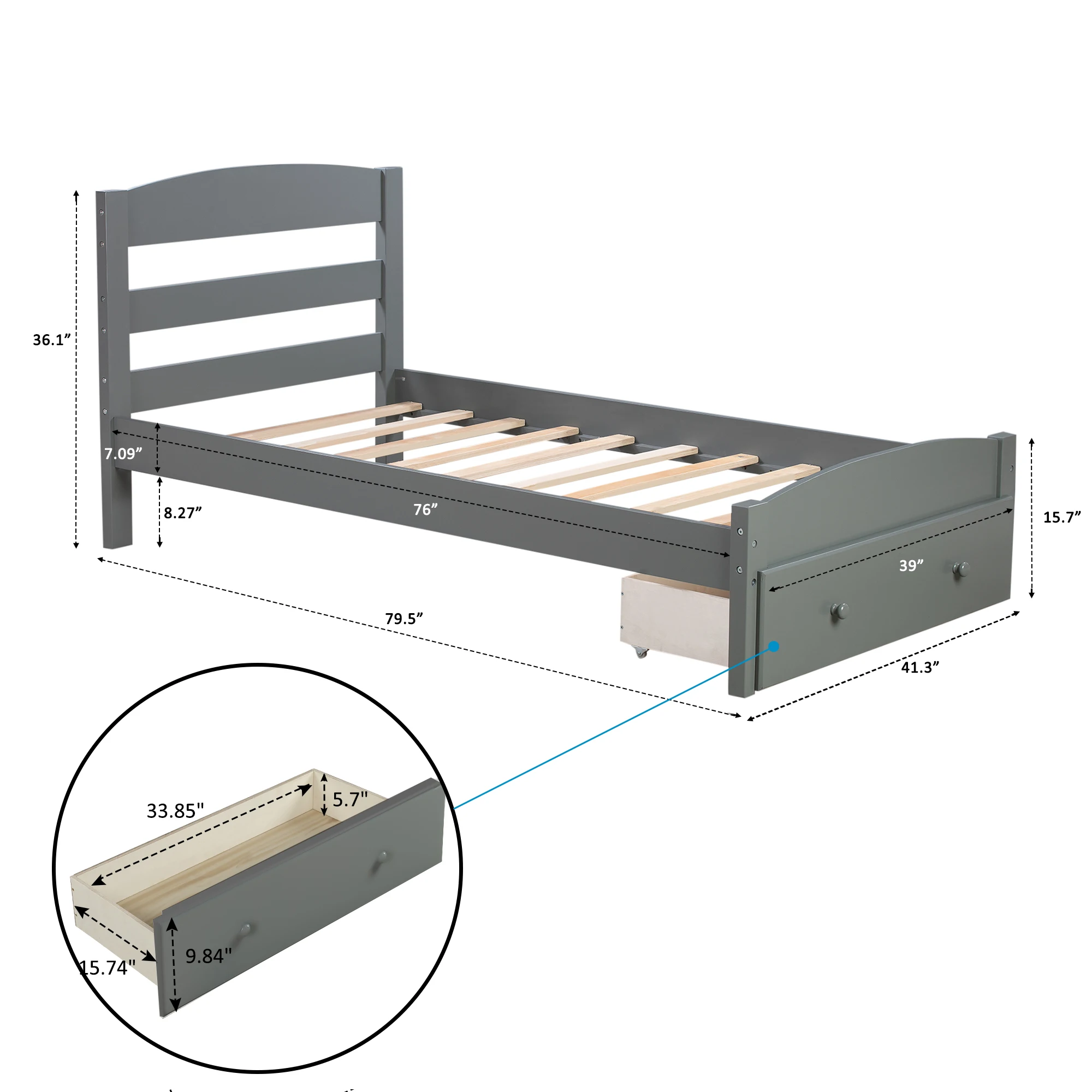 Platform Twin Bed Frame with Storage Drawer and Wood Slat Support No Box Spring Needed Gray/White/Walnut/Espresso[US-Depot]