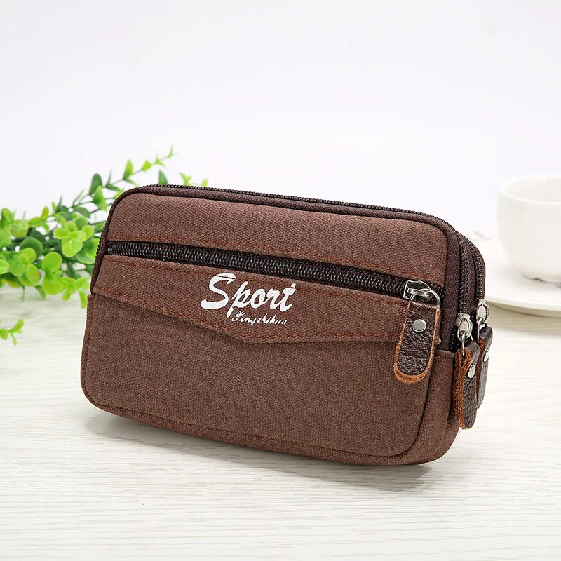 

Fanny Pack Mobile Phone Bag 3 Zippers Canvas Fabric Men Coin Purse Pocket Bags Waist Packs Sport Running Man Billfold Purses