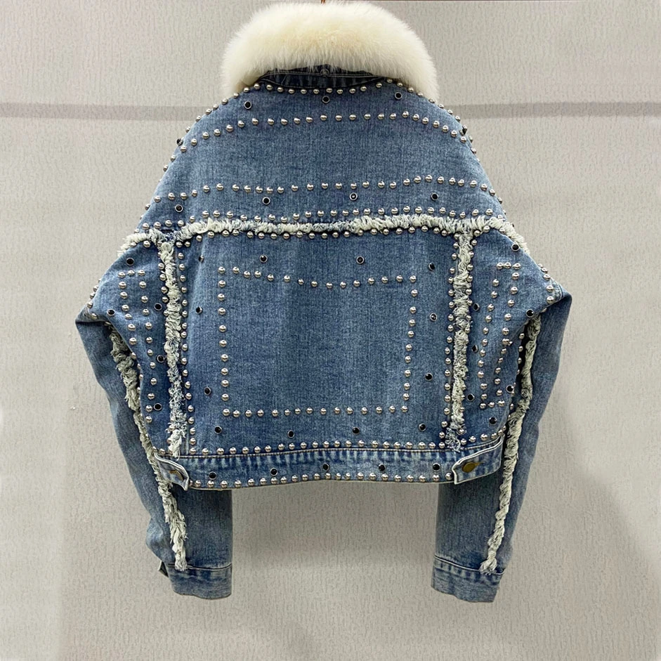 2021 New Short Down Denim Jacket Women\'s Detachable Liner Style Oversized Real Fur Collar Rivet Coat Female Coat Chaqueta Mujer