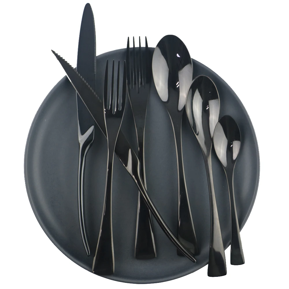 Black 7pcs Dinnerware Set Stainless Steel Kitchen Tableware Set Steak Knife Dessert Coffee Spoon Fork Cutlery Party Accessories