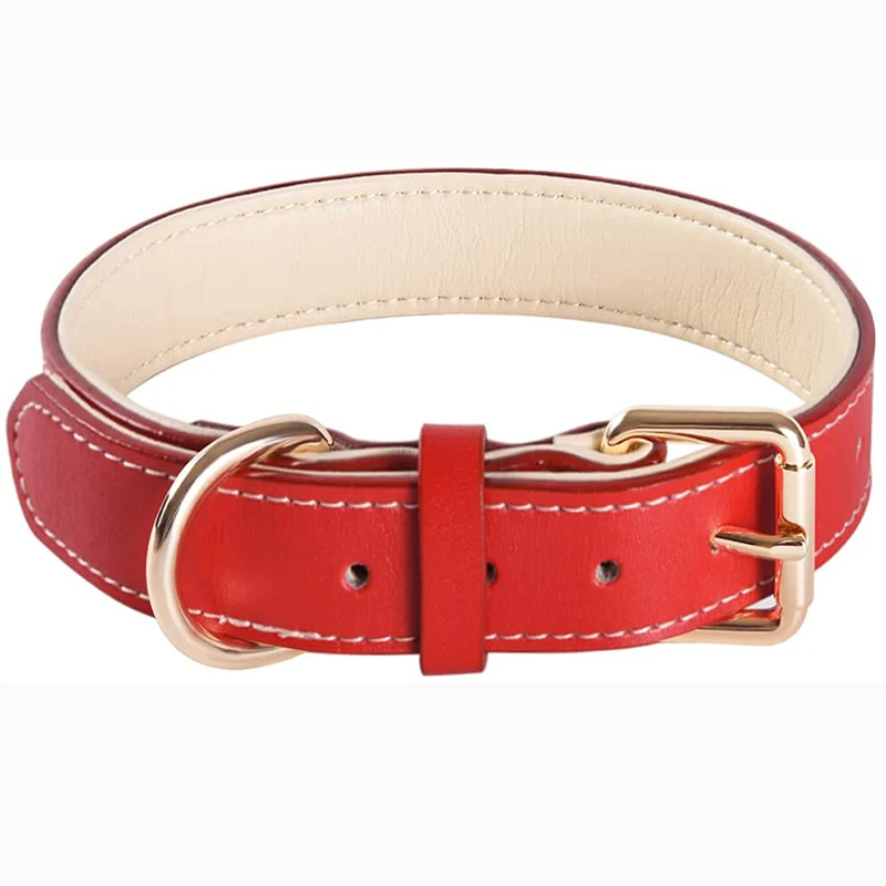 Genuine Leather Dog Collar Soft Padded Collars for Large Medium Small Breed Dogs RED color