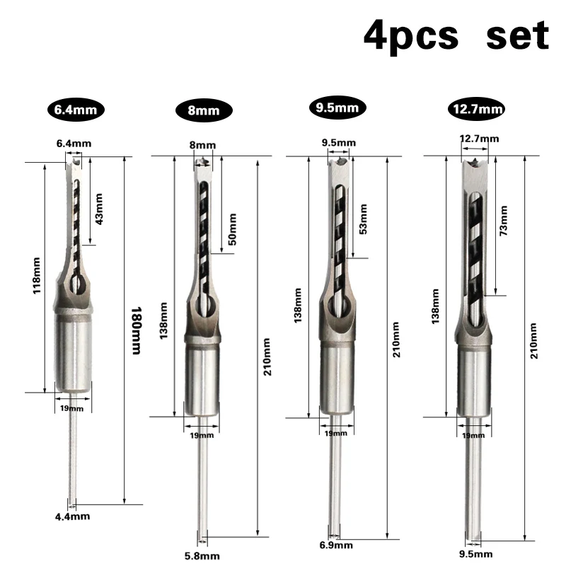 4PCS HSS Twist Drill Bits Square Auger Mortising Chisel Drill Set Square Hole Woodworking Drill Tools Kit Set Extended Saw BH01