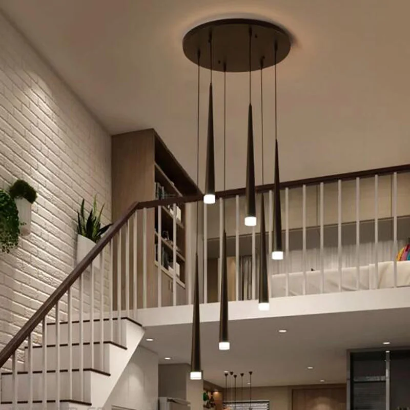 

Modern LED Cone Tube Stair Chandelier Lighting Nordic Simple Duplex Restaurant Long Hanging Lamp Loft Bedside Lights