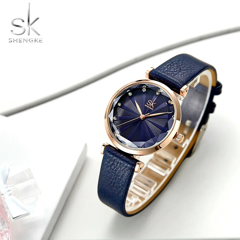 Reloj con correa de cuero para Mujer, pulsera de cuarzo de calidad, con corte creativo, color azul