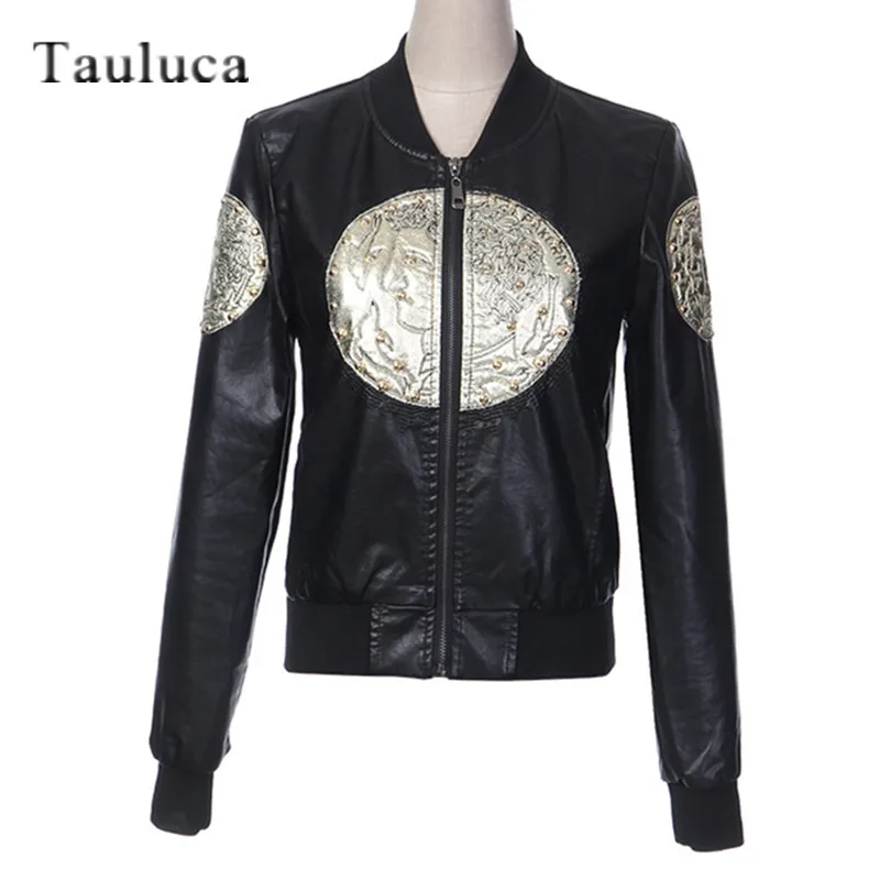 Vintage Luxury Brand Designer Faux PU Leather Jackets Coats Women Long Sleeve Slim Fit Emboridered Top Outwear Clothes Female