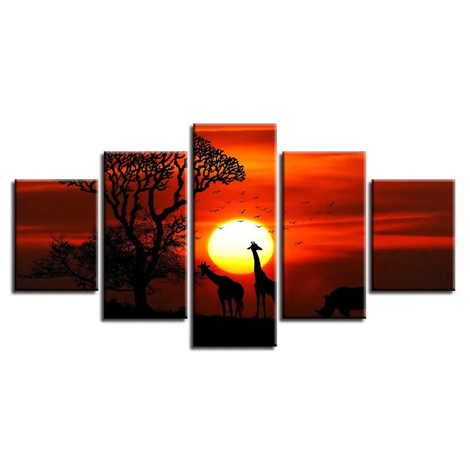 

5 Pieces Animal Giraffe Tree Sunset Scenery Living Room Wall Decor Modern HD Prints Paintings Modular Canvas Pictures Home Decor