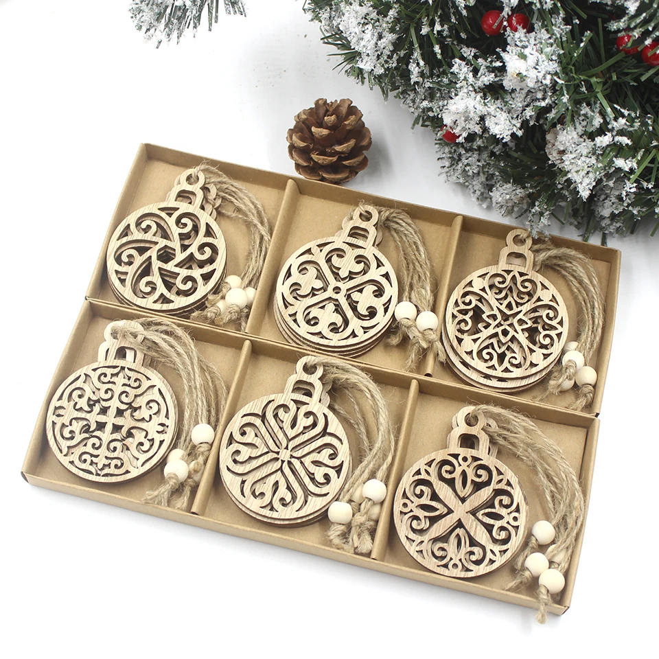 12PCS/Box Vintage Hollow Christmas Wooden Pendants  Xmas Tree Ornament DIY Wood Crafts Kids Gift for Home Xmas Party Decorations