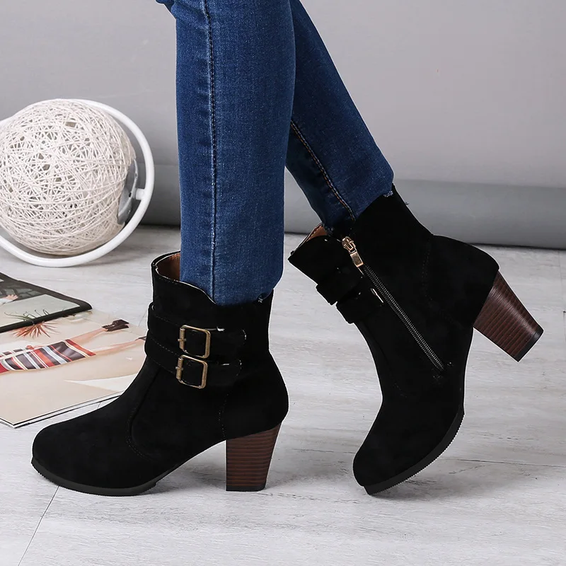 

Woman Boots Women Suede belt buckle Shoes Ladies Thick Fur Ankle Boots Women High Heel Platform Rubber Shoes Snow Boots